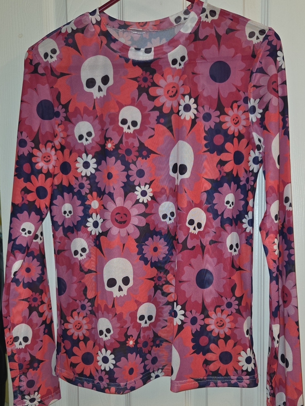 Skull and Flower Long Sleeve Shirt - Pink Mesh NEVER WORN